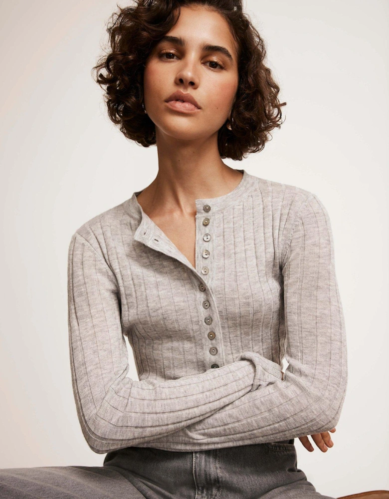 Rib Polo Knit Top - Grey