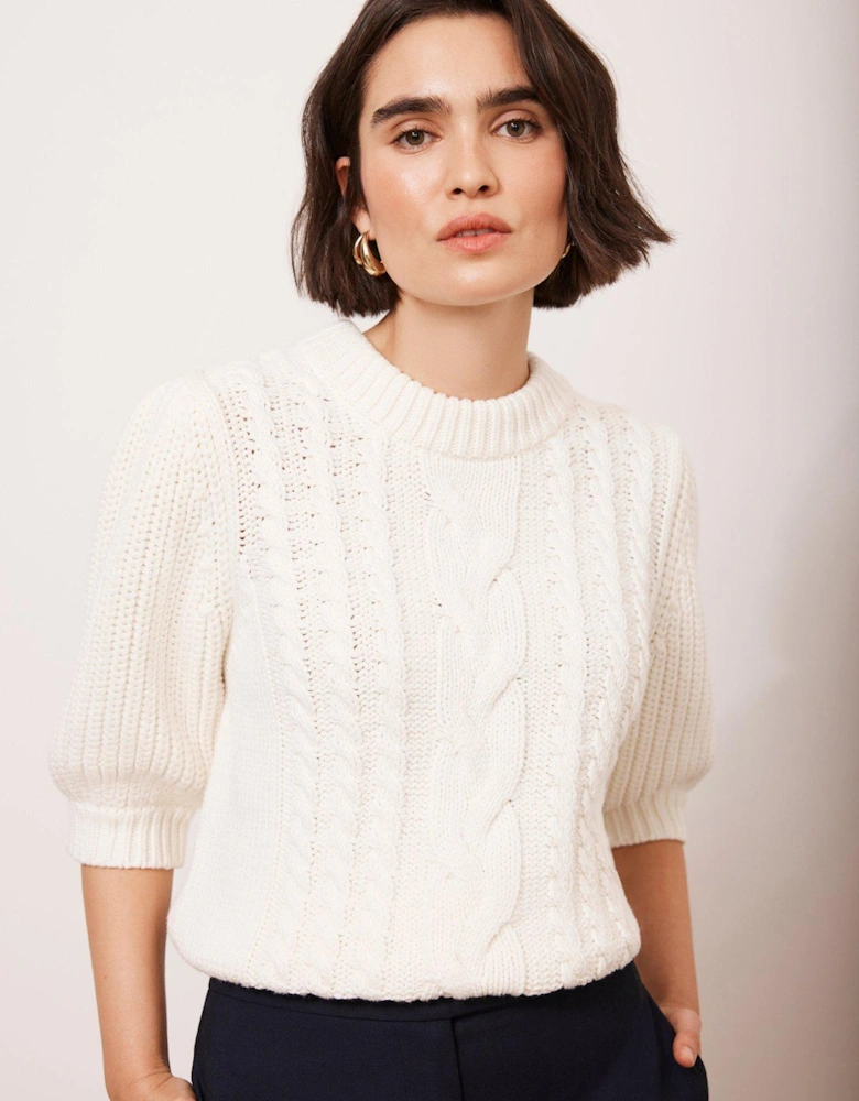 Cream Cotton Blend Cable Knit Top - White