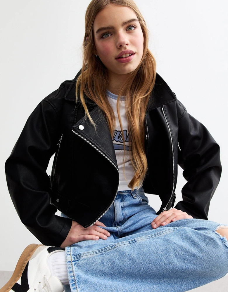 Girls Black Faux Leather Cropped Biker Jacket