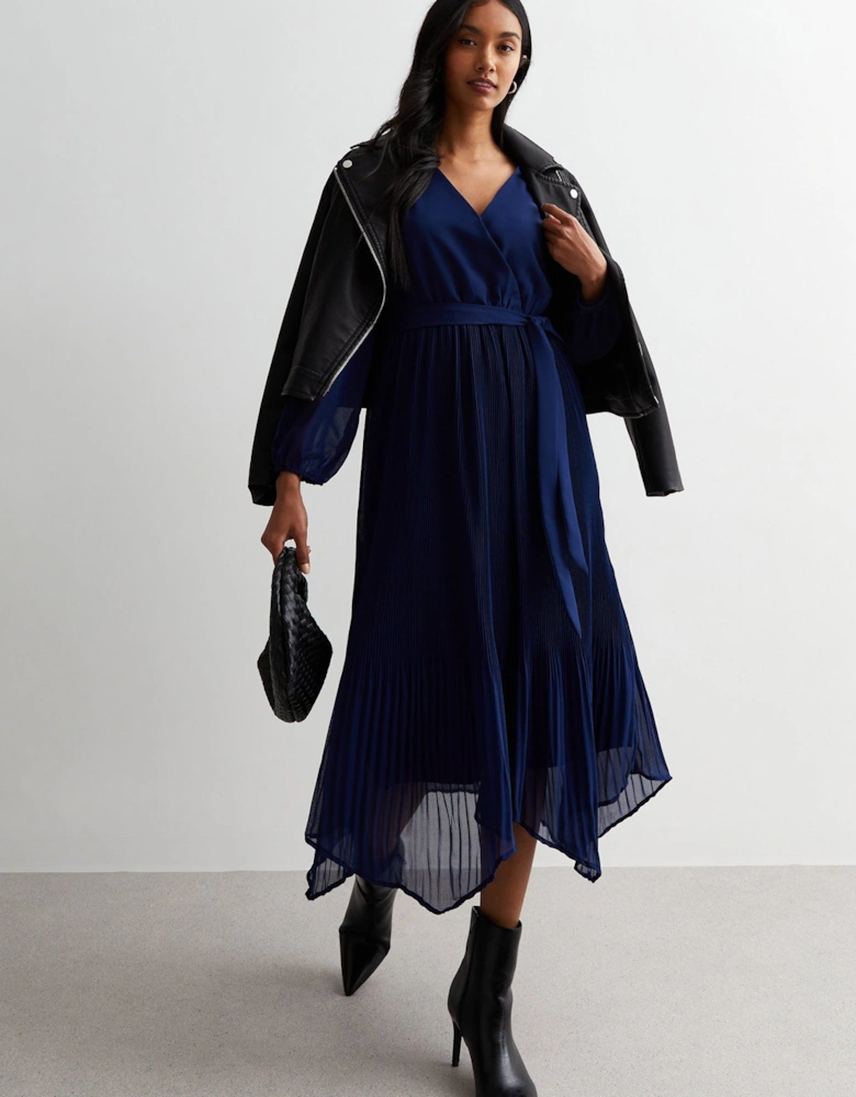 Navy Pleated Hanky Hem Wrap Midi Dress