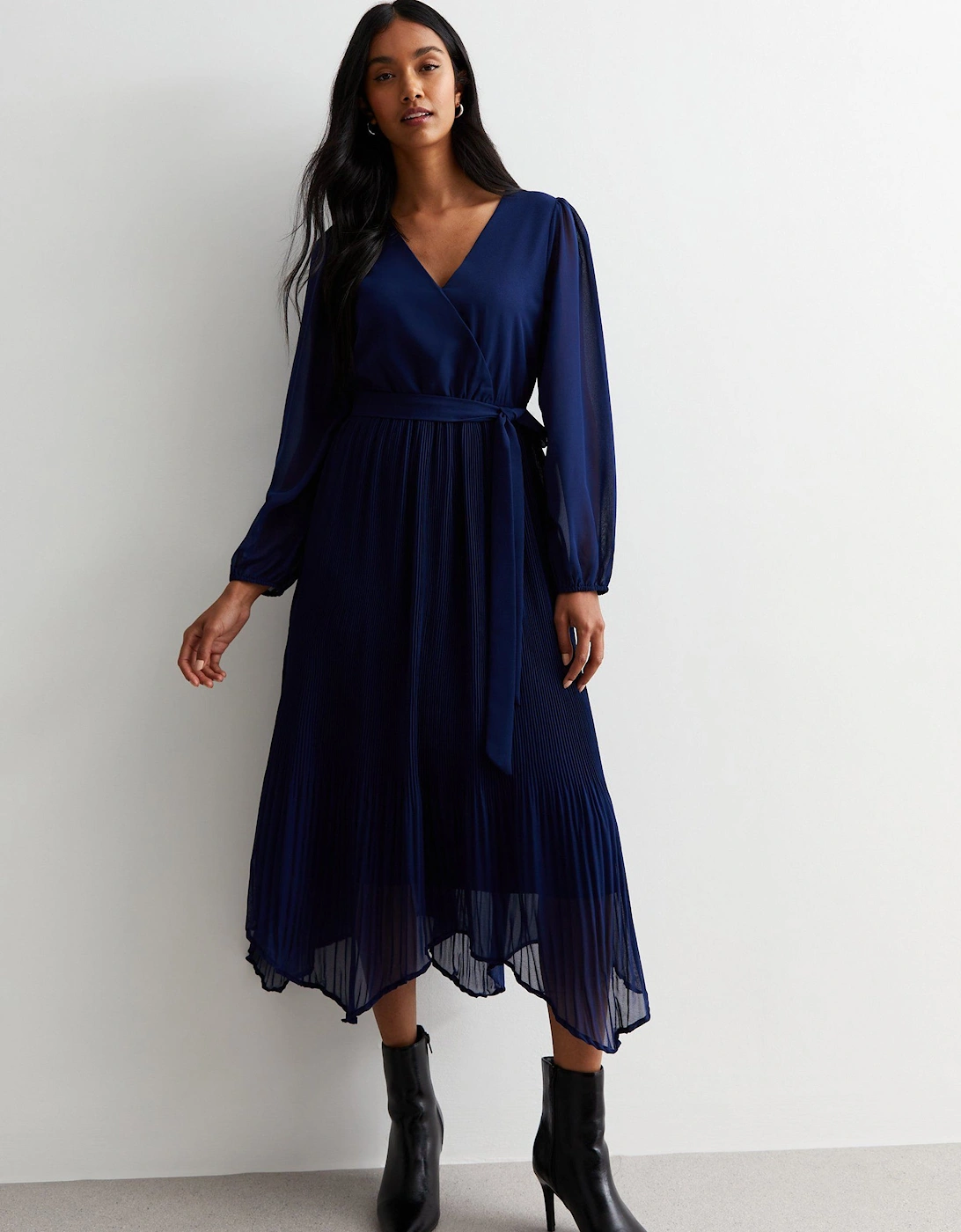 Navy Pleated Hanky Hem Wrap Midi Dress, 5 of 4