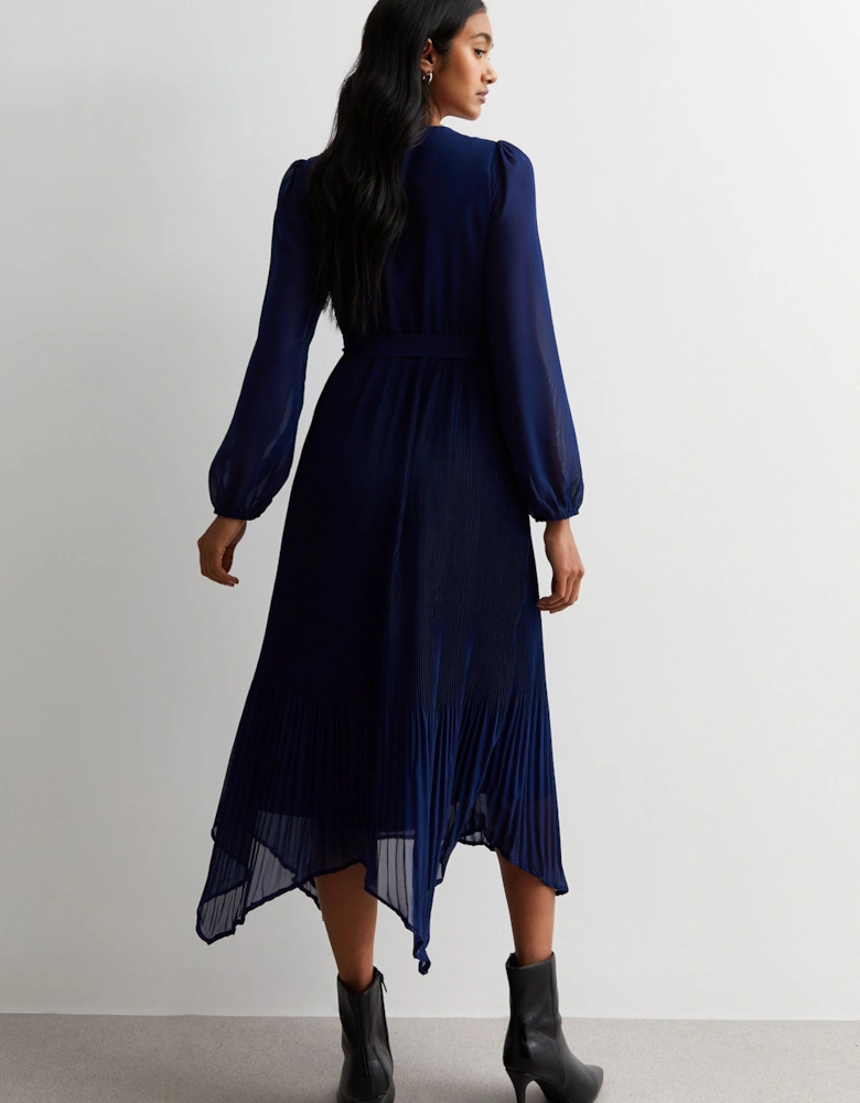 Navy Pleated Hanky Hem Wrap Midi Dress