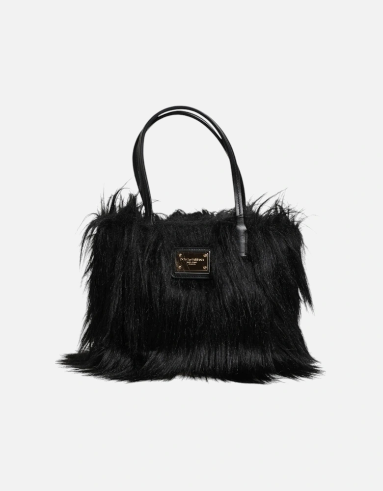 Black Fur Logo Plaque Double Handle Shoulder Bag Women