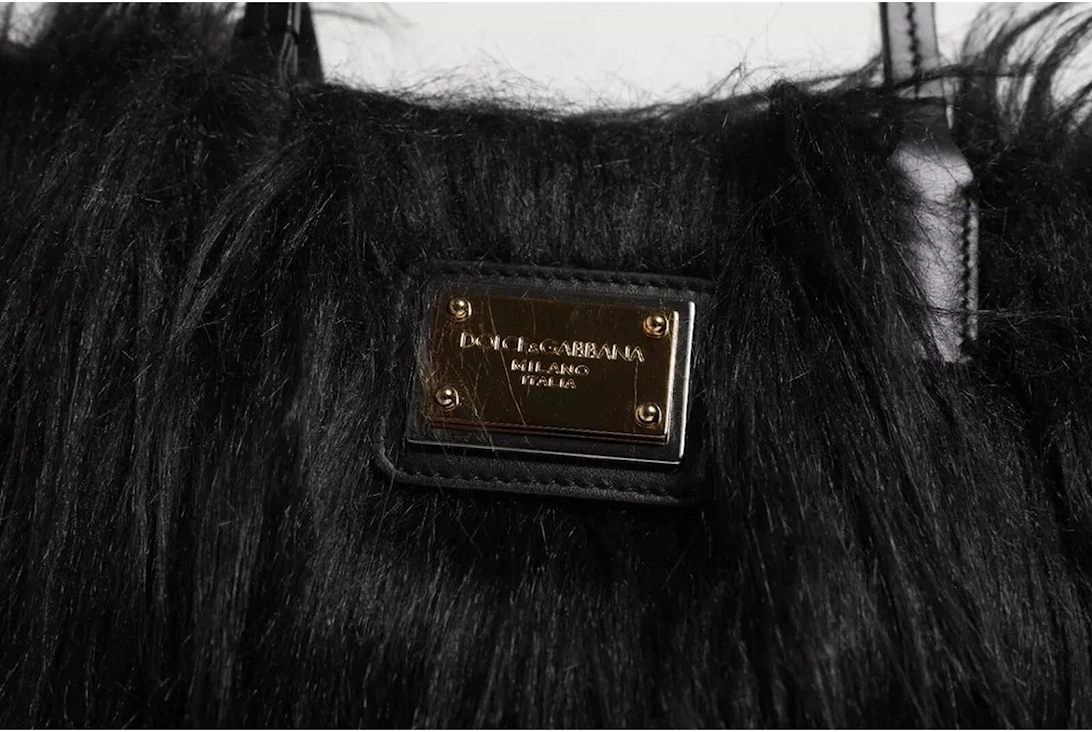 Black Fur Logo Plaque Double Handle Shoulder Bag Women