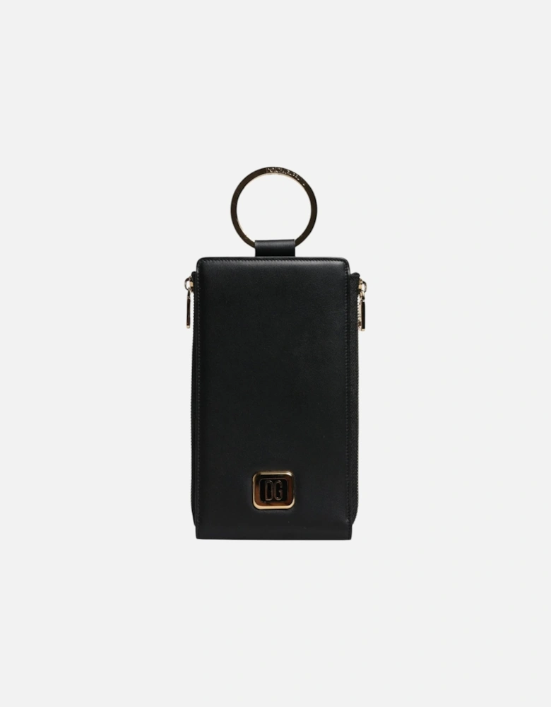Leather Wallet with Zipper Closure and Logo Plaque Women - Black