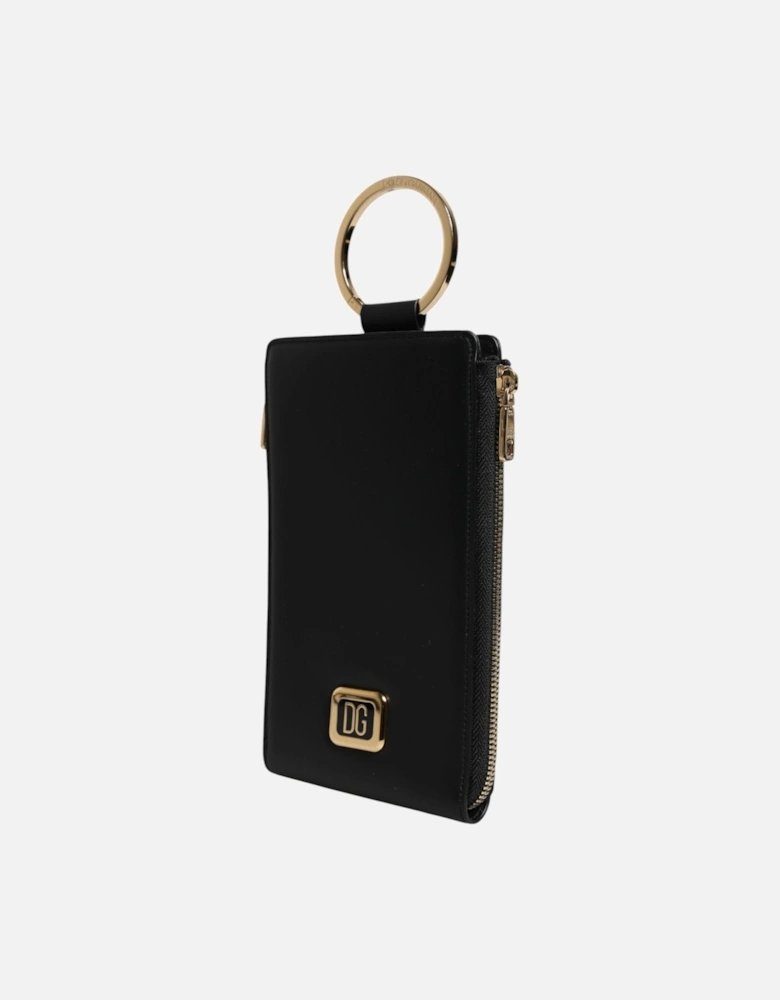 Leather Wallet with Zipper Closure and Logo Plaque Women - Black