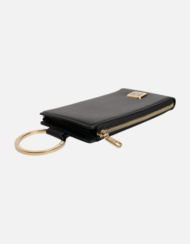 Leather Wallet with Zipper Closure and Logo Plaque Women - Black