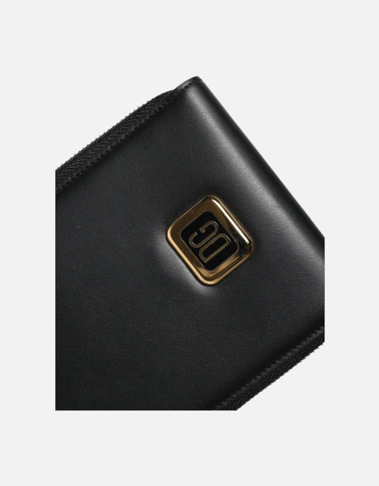Leather Wallet with Zipper Closure and Logo Plaque Women - Black