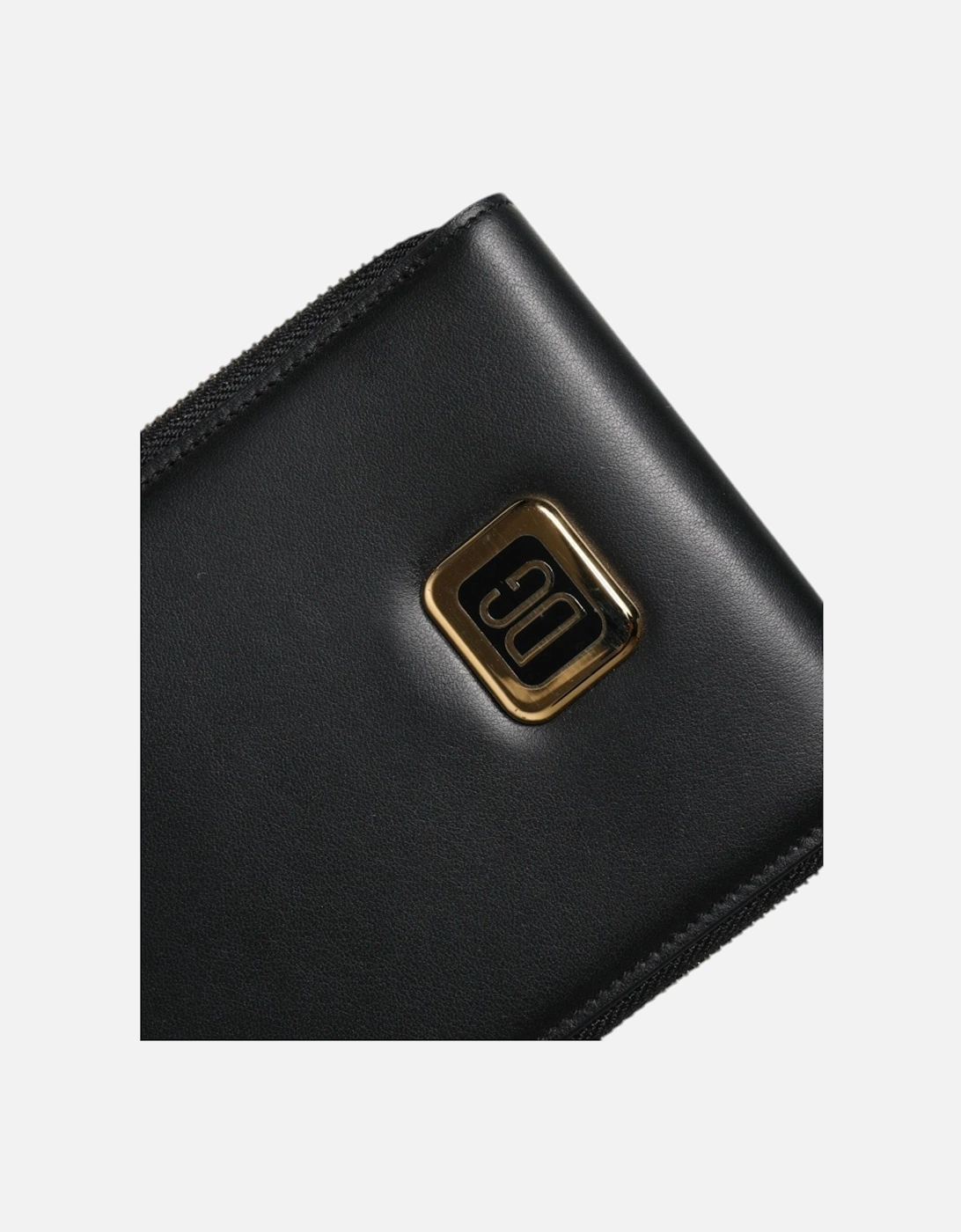 Leather Wallet with Zipper Closure and Logo Plaque Women - Black