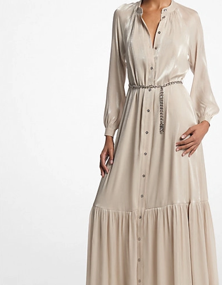 Metallic Crinkled Georgette Belted Kaftan Dress