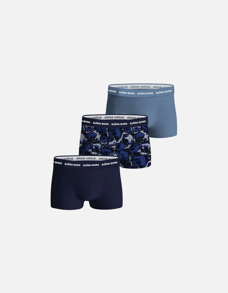 3-Pack Blue Tulips Print Boxer Trunks, Blue/Navy