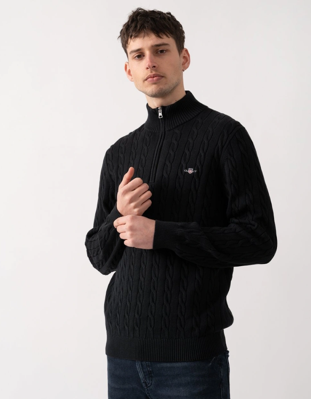Gant Men's Black Cotton Cable Half Zip Jumper - - : 42/Regular Xl