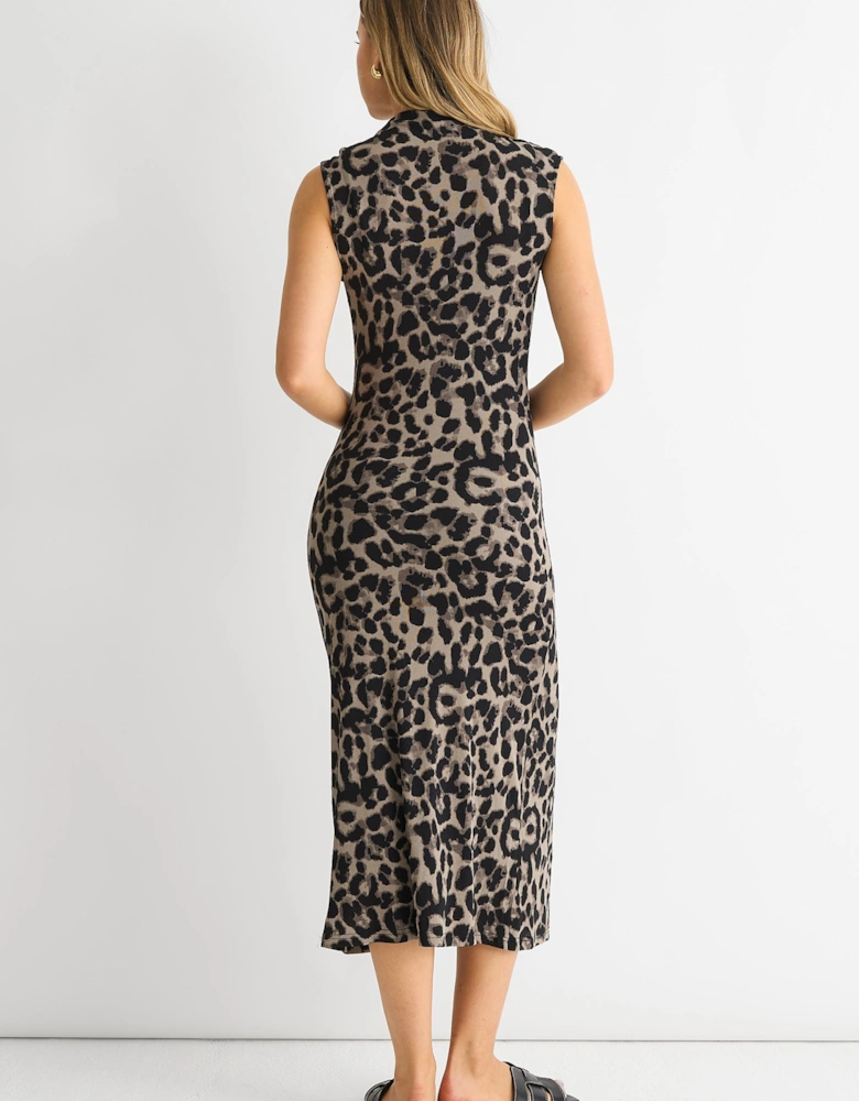 Grey Animal Print Ruched Midi Dress