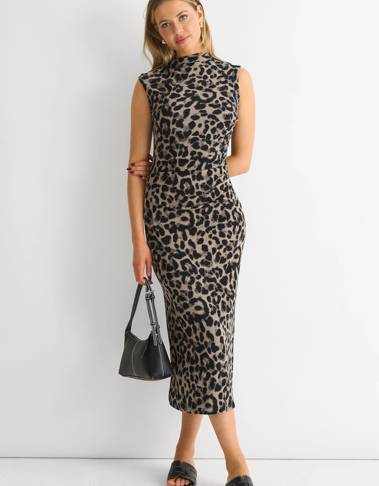 Grey Animal Print Ruched Midi Dress