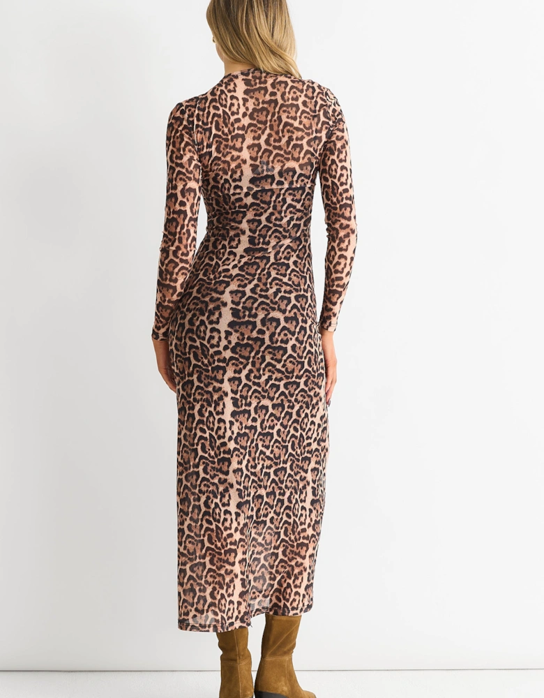 Brown Mesh Animal Print Jersey Maxi Dress