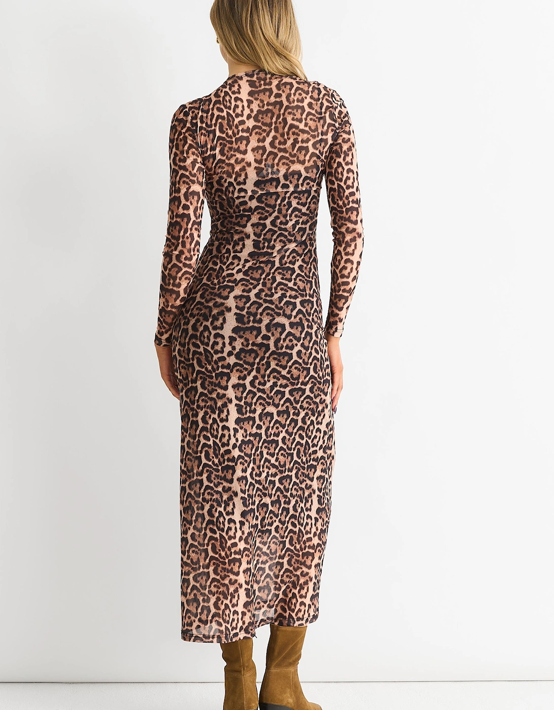 Brown Mesh Animal Print Jersey Maxi Dress