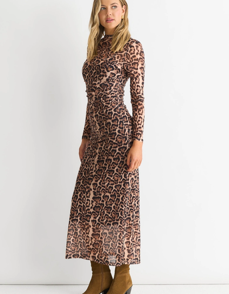 Brown Mesh Animal Print Jersey Maxi Dress