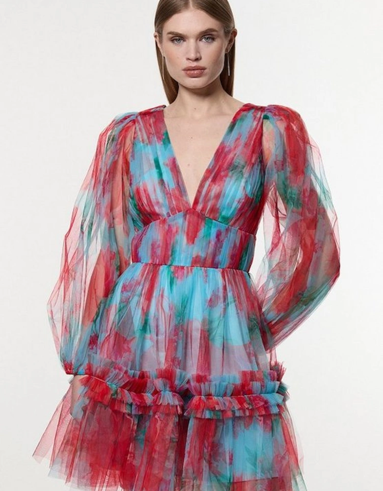 Floral Tulle Balloon Sleeve Plunge Woven Mini Dress