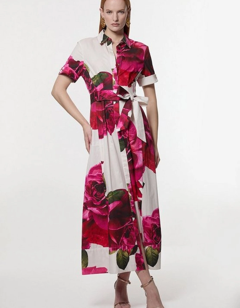 Cotton Sateen Floral Placed Woven Midi Shirt Dress