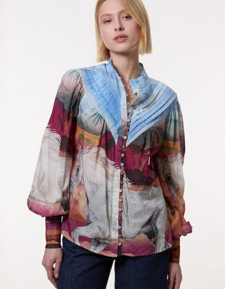 Silk Cotton Stallion Print Pintuck Woven Blouse