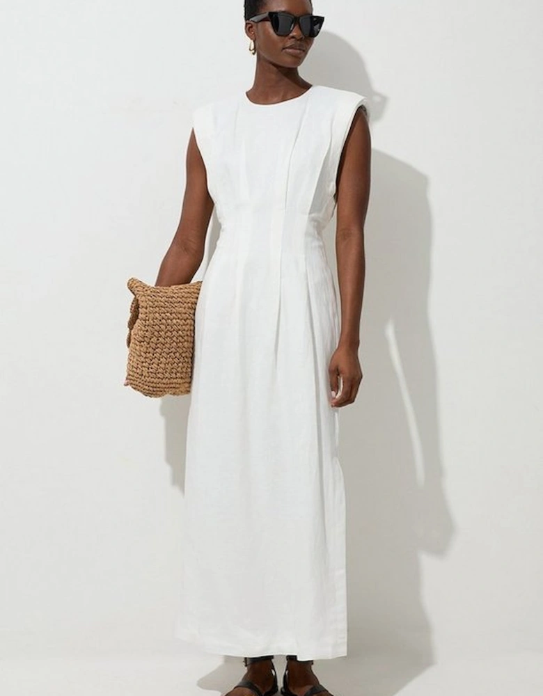 Petite Viscose Linen Woven Pintuck Midi Dress