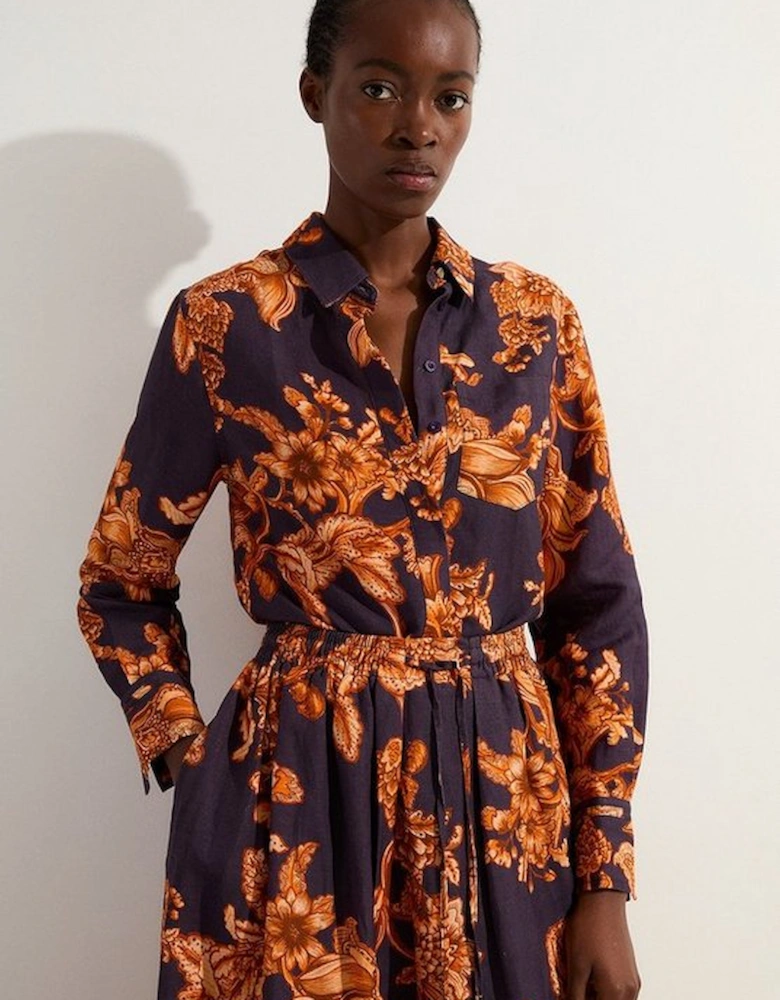 Floral Viscose Linen Woven Long Sleeve Shirt