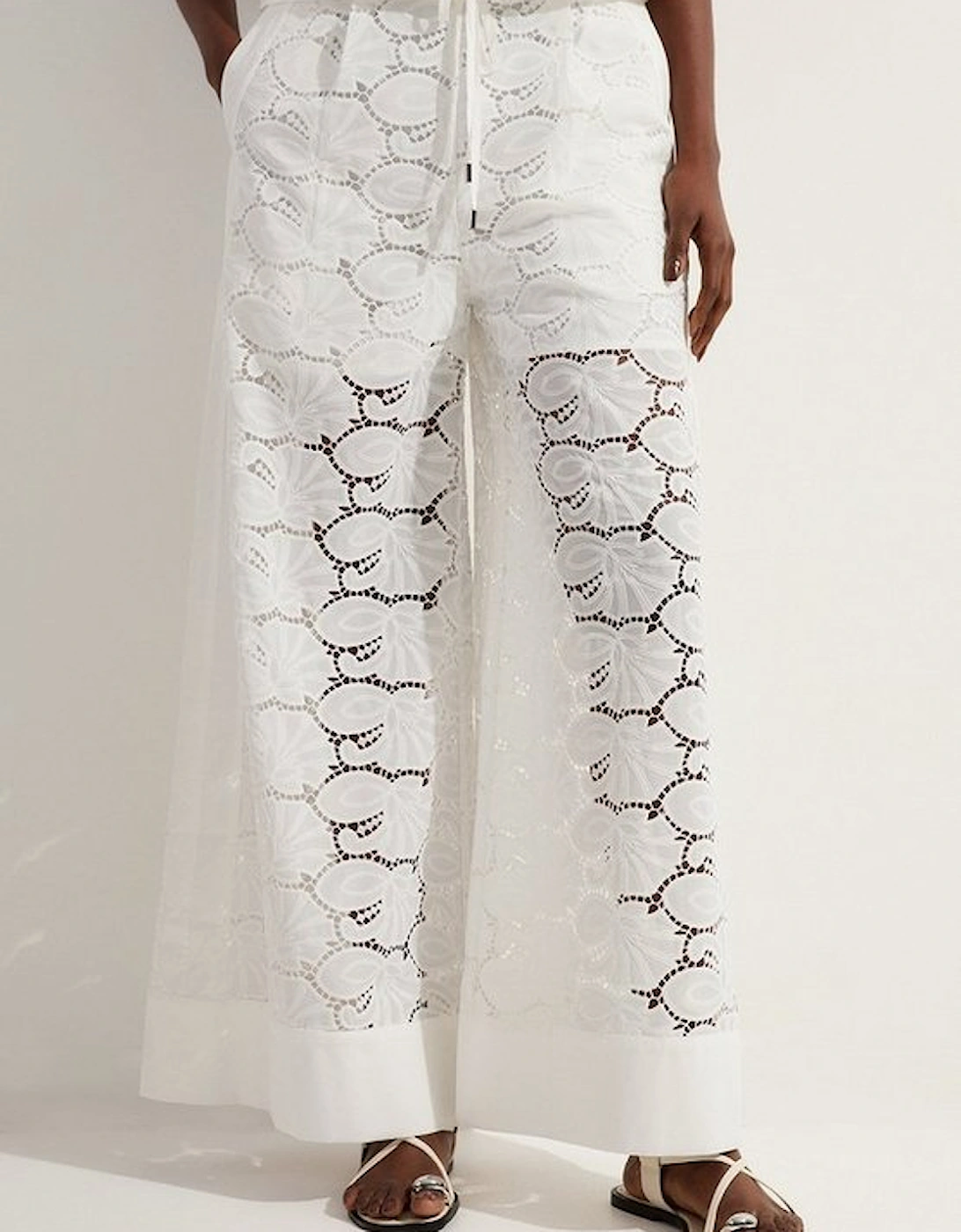 Cotton Cutwork Panelled Woven Wide Leg Trouser