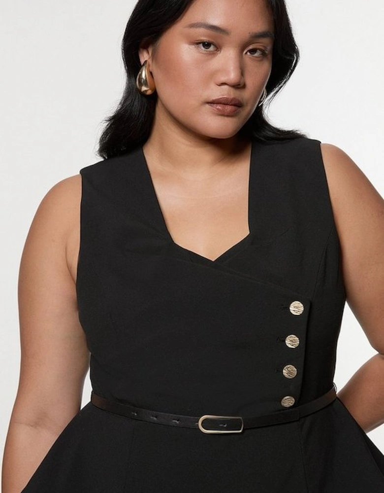 Plus Size Compact Stretch Belted Peplum Detail Full Skirted Midi Dress