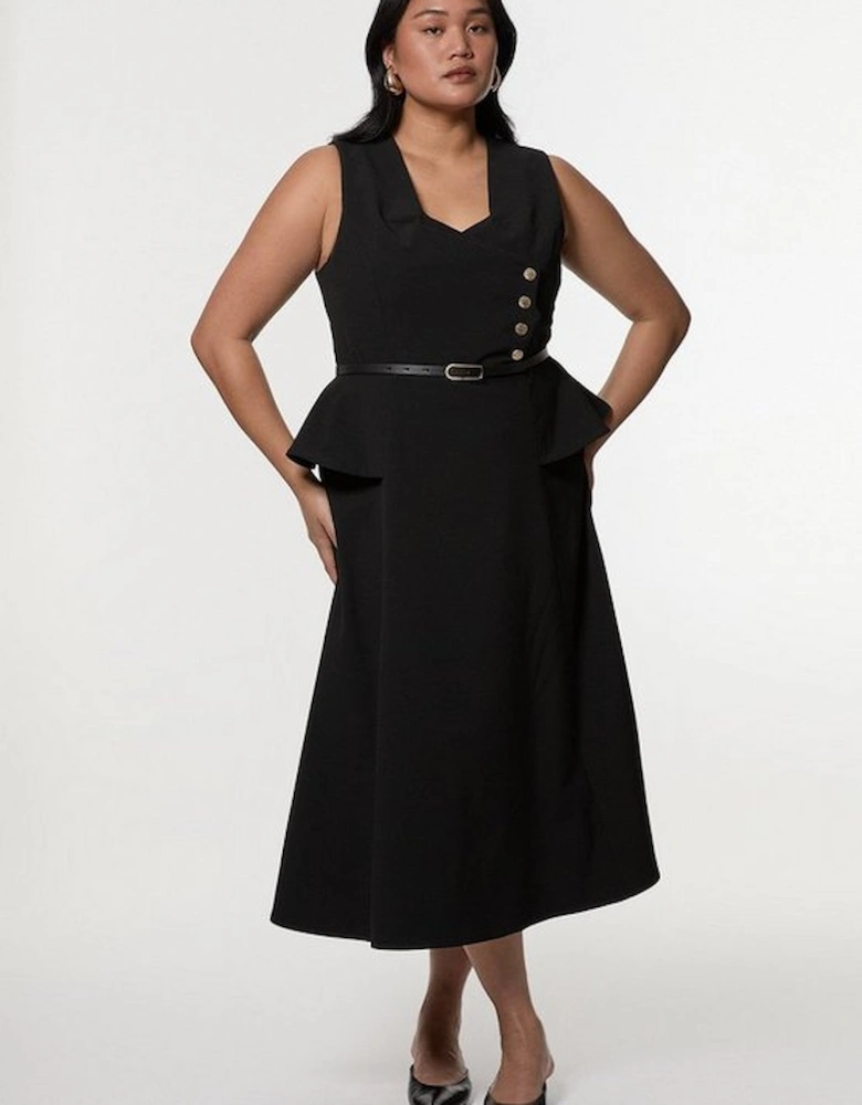 Plus Size Compact Stretch Belted Peplum Detail Full Skirted Midi Dress