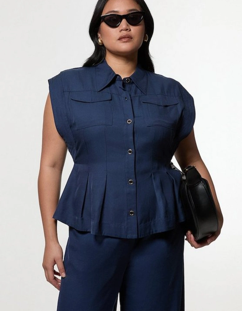 Plus Size Viscose Linen Topstitch Woven Blouse With Waist Seam Detail