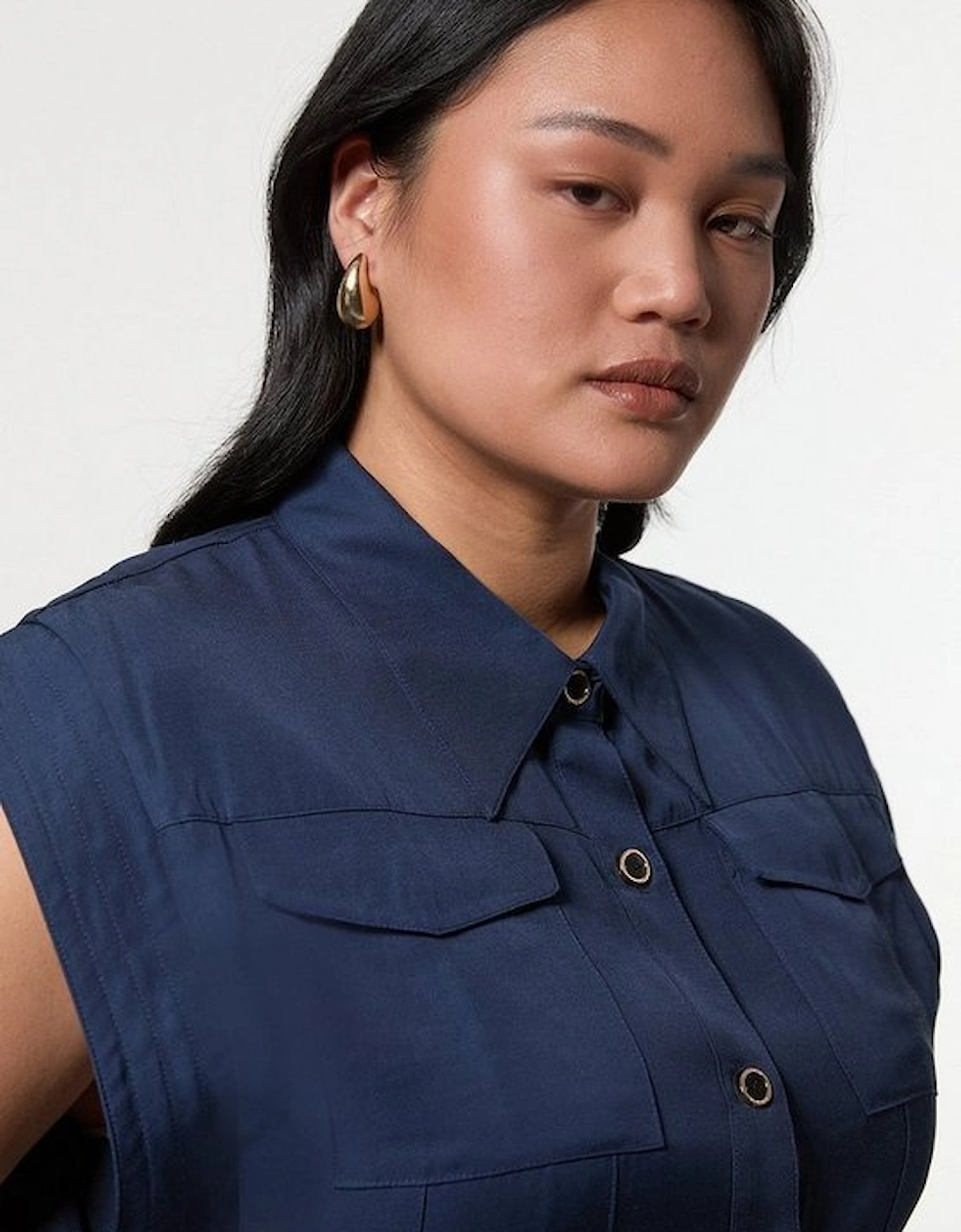 Plus Size Viscose Linen Topstitch Woven Blouse With Waist Seam Detail