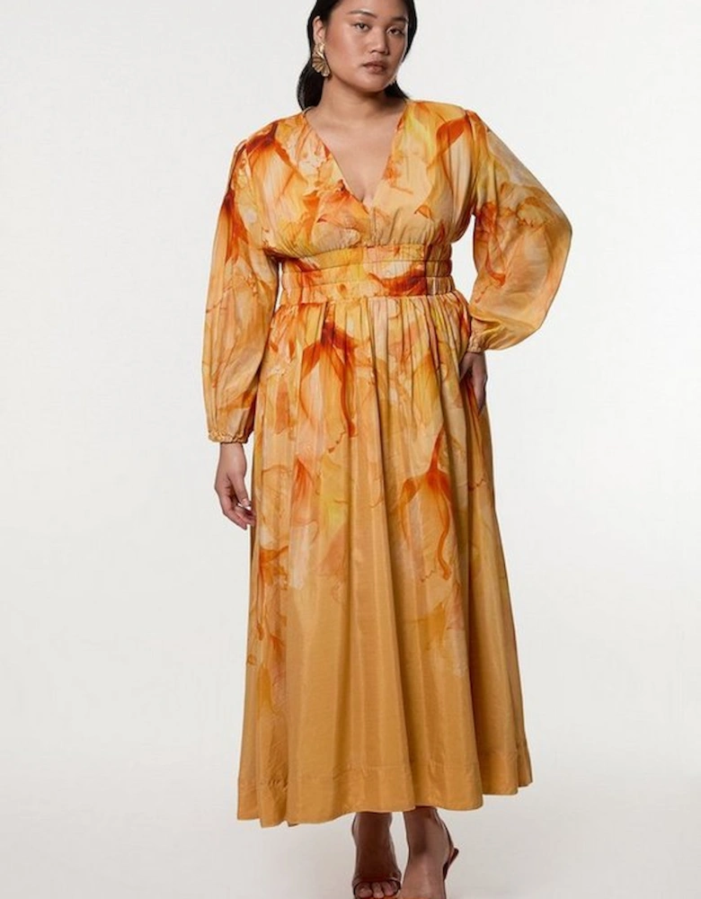 Plus Size Ombre Floral Silk Cotton Plunge Maxi Dress