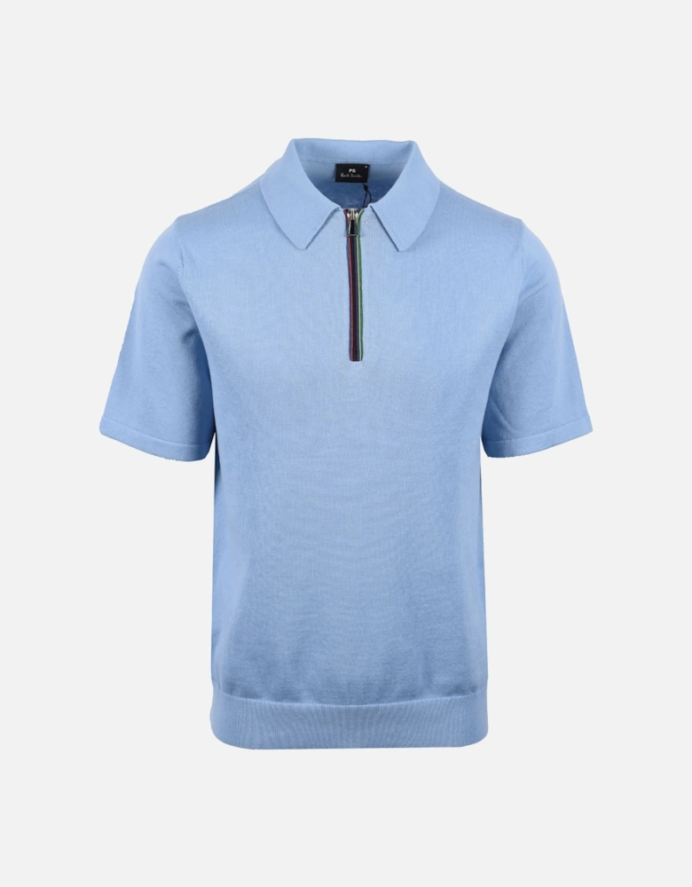 Zip Neck Knitted Polo Light Blue