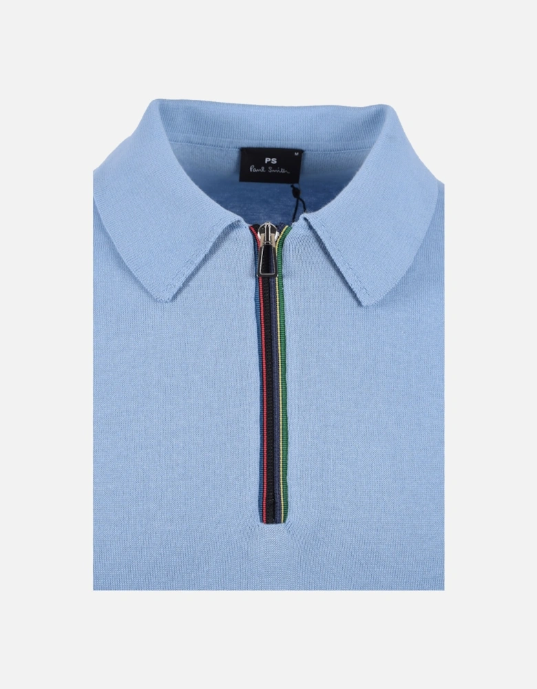 Zip Neck Knitted Polo Light Blue