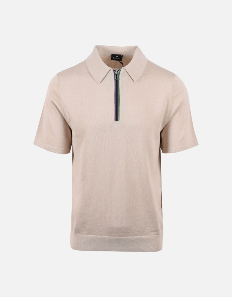 Zip Neck Knitted Polo Beige