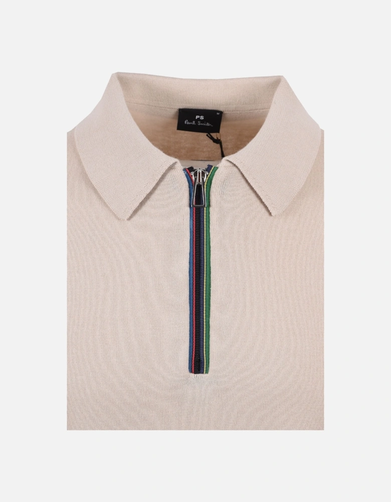 Zip Neck Knitted Polo Beige