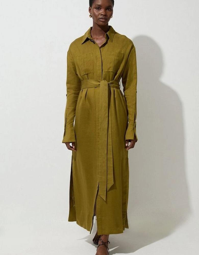 Viscose Linen Woven Belted Shirt Dress