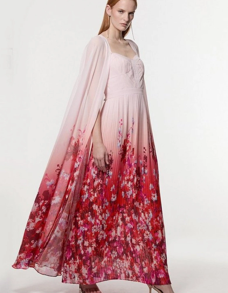 Scattered Floral Print Woven Pleated Cape Maxi Dress