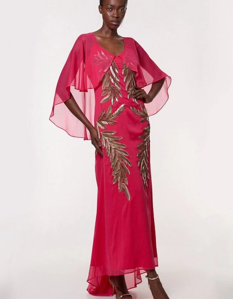 Tall Feather Embellished Woven Cape Sleeve Maxi Dress