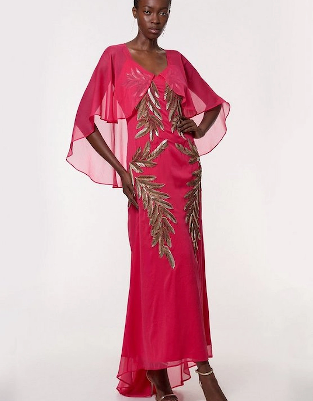 Tall Feather Embellished Woven Cape Sleeve Maxi Dress, 4 of 3