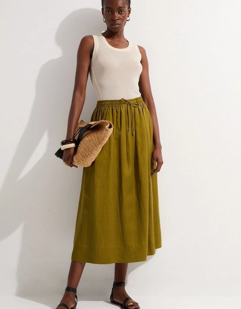 Viscose Linen Tie Waist Woven Full Midi Skirt