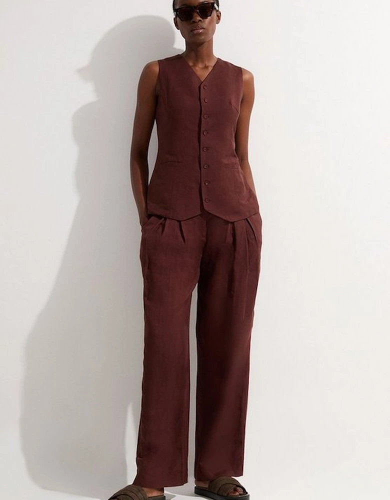 Viscose Linen Pleat And Pocket Detail Woven Straight Leg Trouser