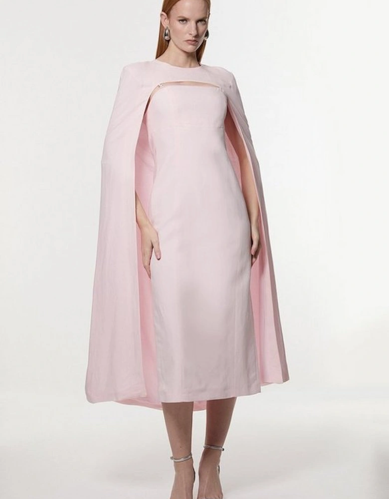 Premium Tailored Linen Drama Cape Midi Dress