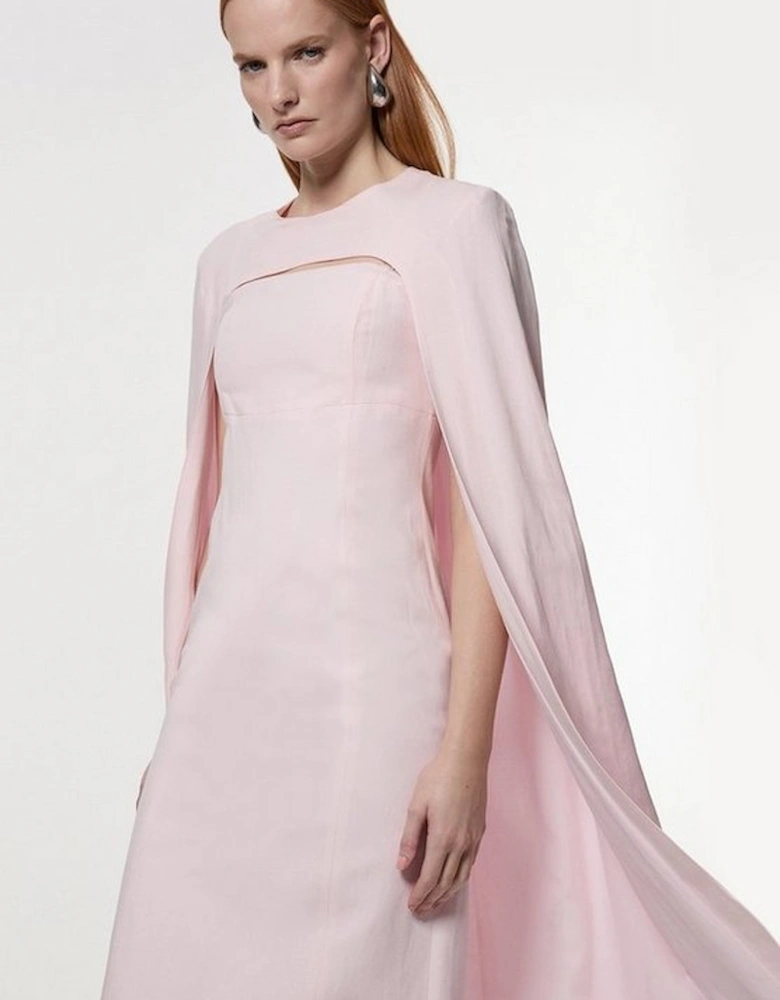 Premium Tailored Linen Drama Cape Midi Dress