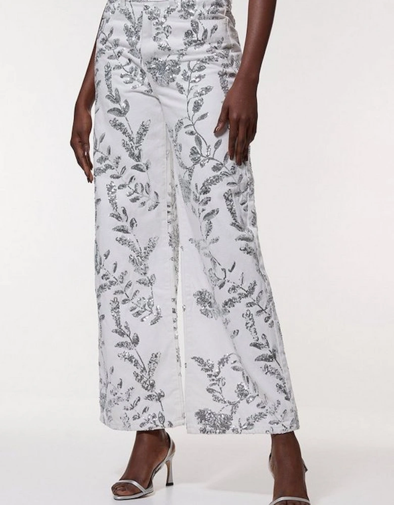 Denim All Over Floral Sequin Wide Leg Trousers