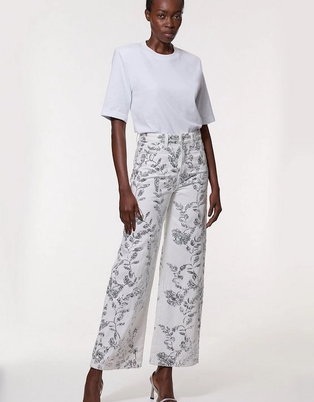 Denim All Over Floral Sequin Wide Leg Trousers, 4 of 3