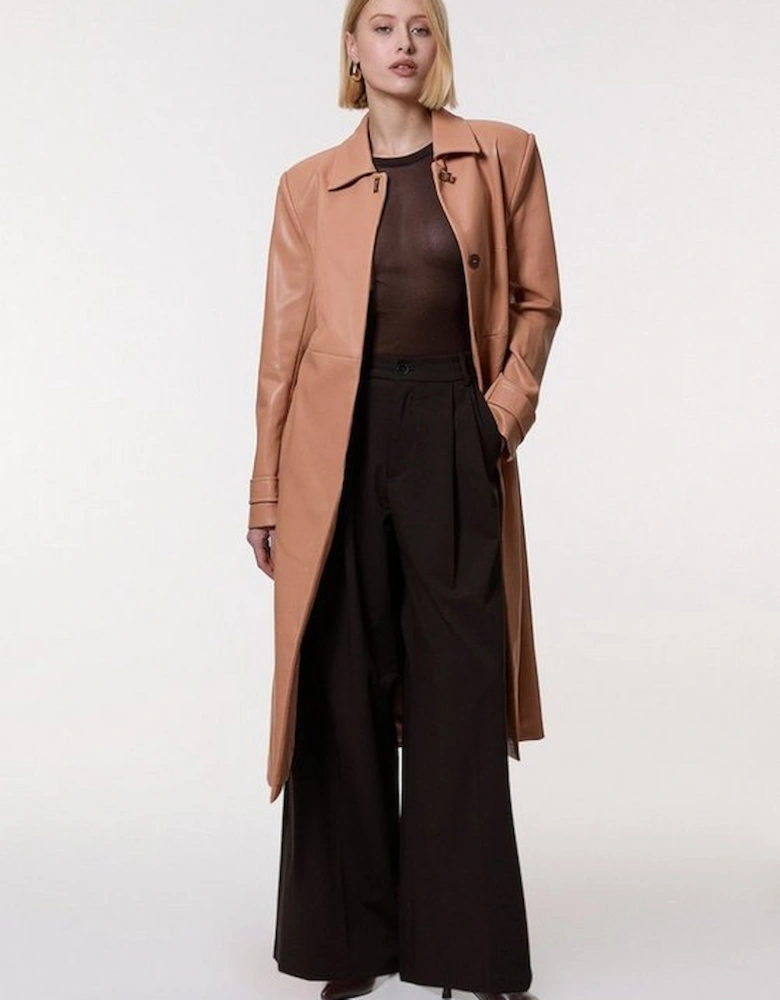 Faux Leather Clasp Detail Clean Tailored Trench Coat