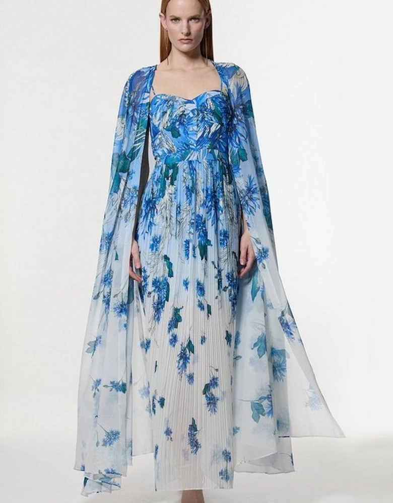 Scattered Floral Print Woven Pleated Cape Maxi Dress