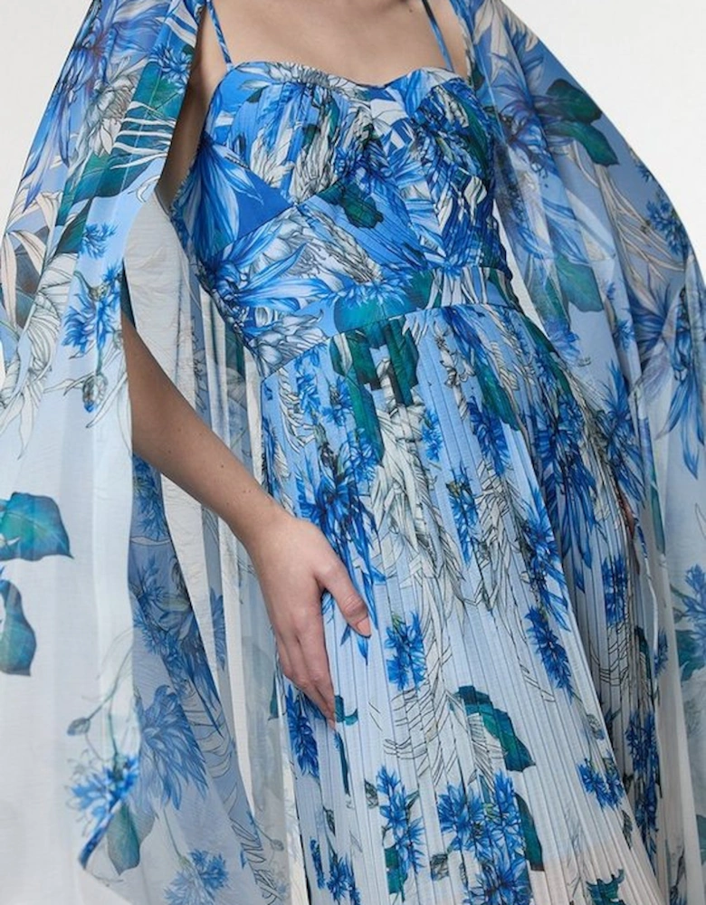 Scattered Floral Print Woven Pleated Cape Maxi Dress