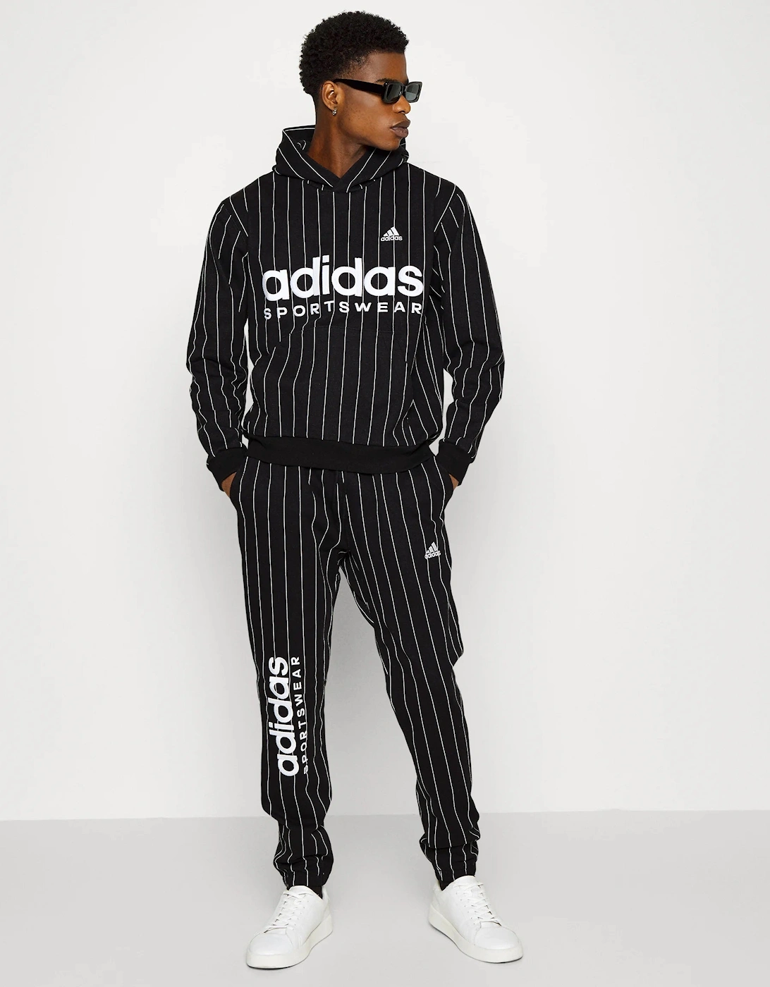 Adidas Men's Adidas Pinstriped Black Hooded Tracksuit Black/White Fleece